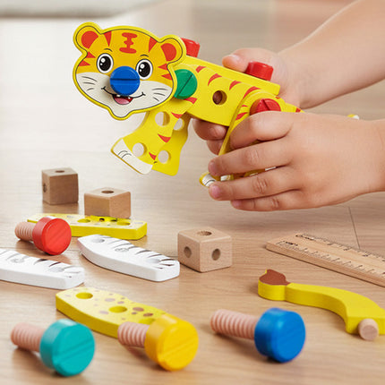 Kreativ træværktøjskasse til børn med byggeklodser og værktøj