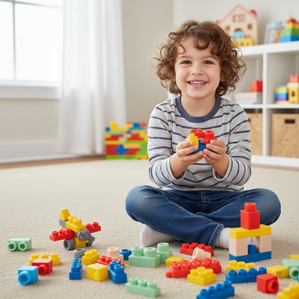 Farverige sanseblokke til børn - 80 dele i praktisk kasse