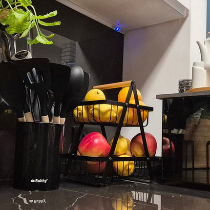 2-lags Frugtkurv i Sort Metal – Pladsbesparende og Stilfuld