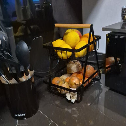 2-lags Frugtkurv i Sort Metal – Pladsbesparende og Stilfuld