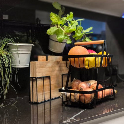 2-lags Frugtkurv i Sort Metal – Pladsbesparende og Stilfuld