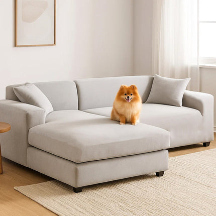 Sofatræk i lys grå velour til hjørnesofaer 190-230 cm