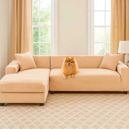Beige sofa cover i elastisk velour til hjørnesofaer