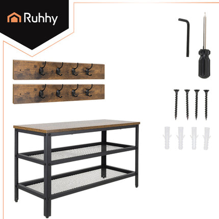 Praktisk skohylde med bøjler og bænk til entréen