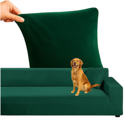 Elegant sofa cover i flaskegrøn velour til hjørnesofa