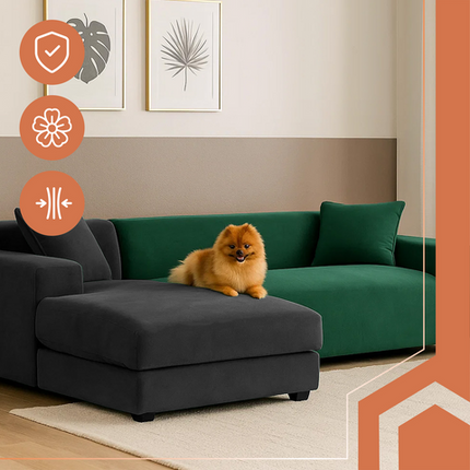 Elegant sofa cover i flaskegrøn velour til hjørnesofa