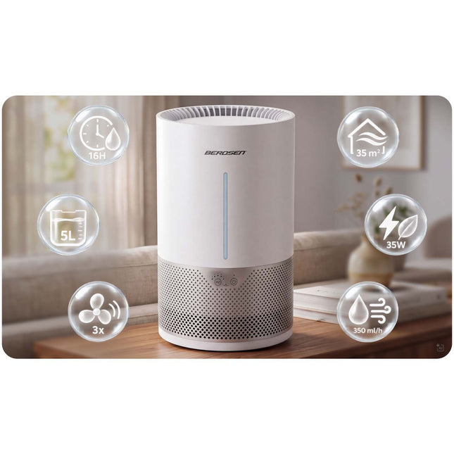 Fordampningsluftfugter 5 l, 350 ml/t til rum op til 35 m² med automatik og nattilstand – hvid