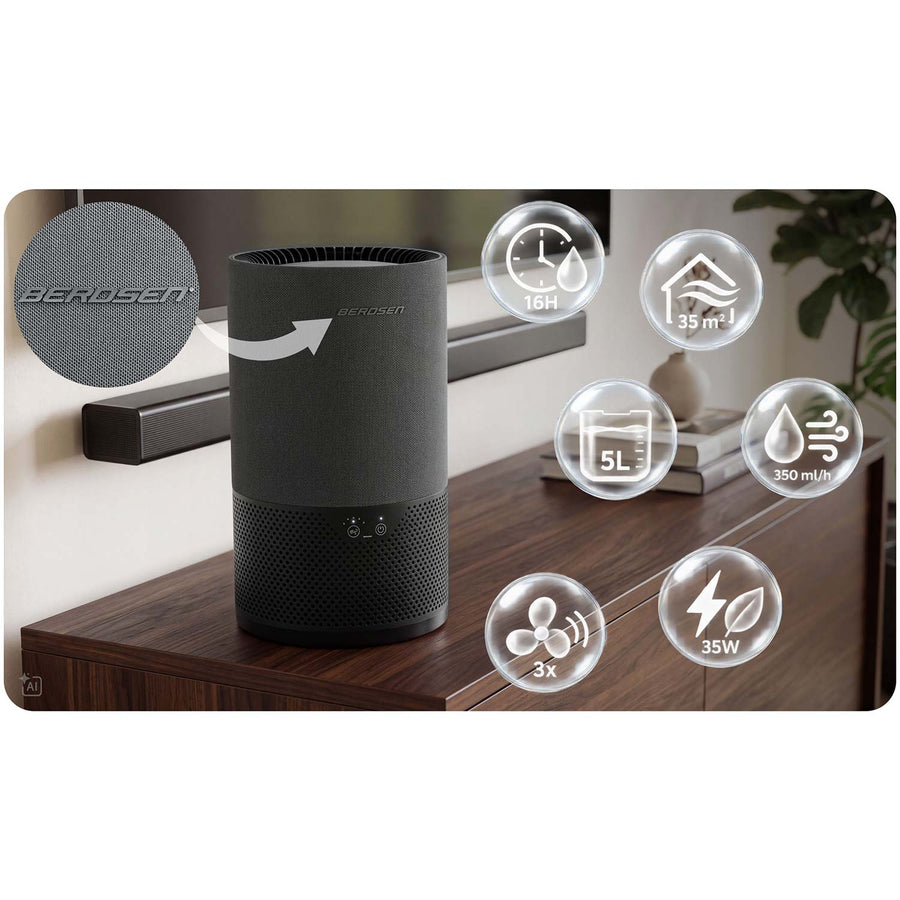 Fordampningsluftfugter 5 l, 350 ml/t til rum op til 35 m² med automatik og nattilstand – sort