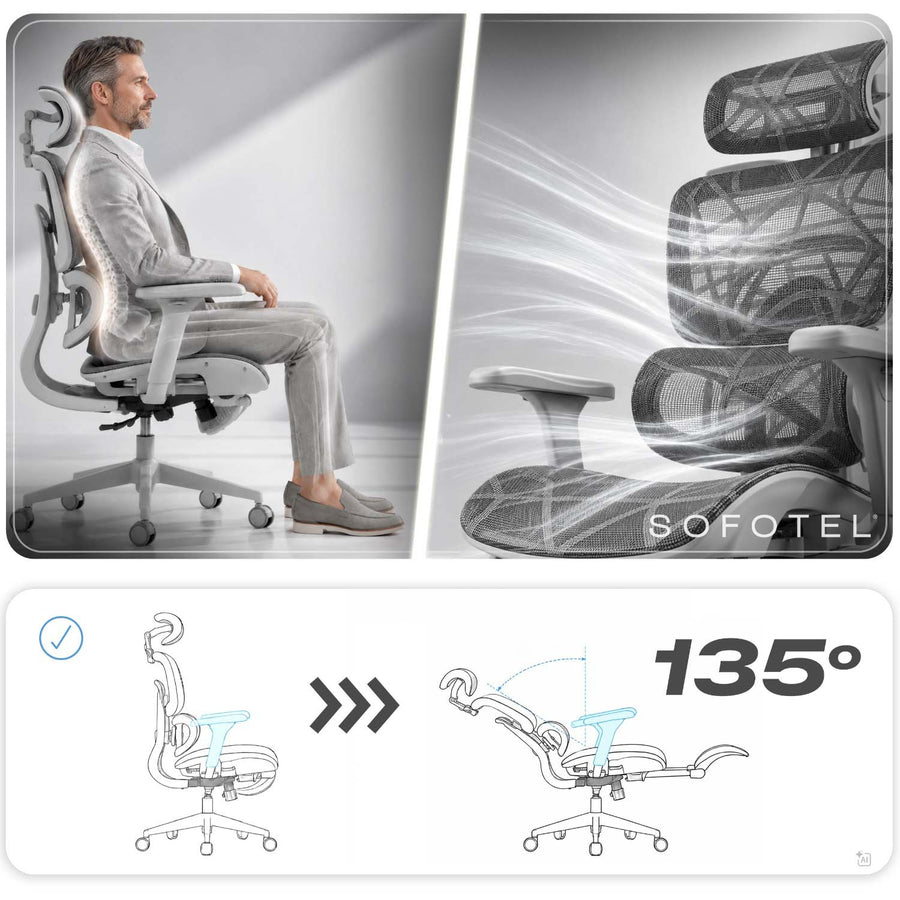 Ergonomisk kontorstol med mesh, 3D-nakkestøtte, udtrækkelig fodstøtte og 4D-armlæn – op til 120 kg