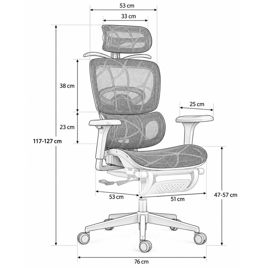 Ergonomisk kontorstol med mesh, 3D-nakkestøtte, udtrækkelig fodstøtte og 4D-armlæn – op til 120 kg