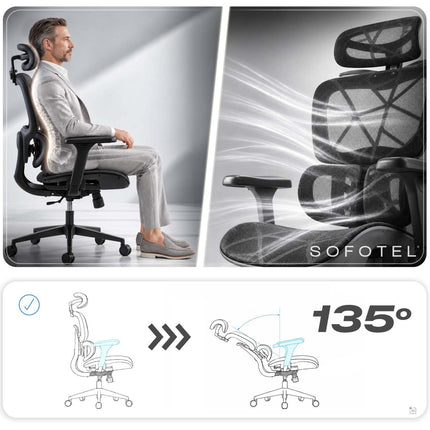 Ergonomisk kontorstol med mesh, 2D-nakkestøtte og 4D-armlæn – sort, op til 120 kg