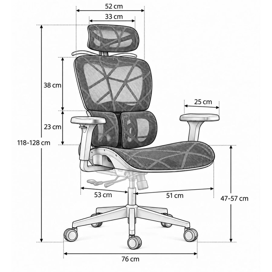 Ergonomisk kontorstol med mesh, 2D-nakkestøtte og 4D-armlæn – sort, op til 120 kg