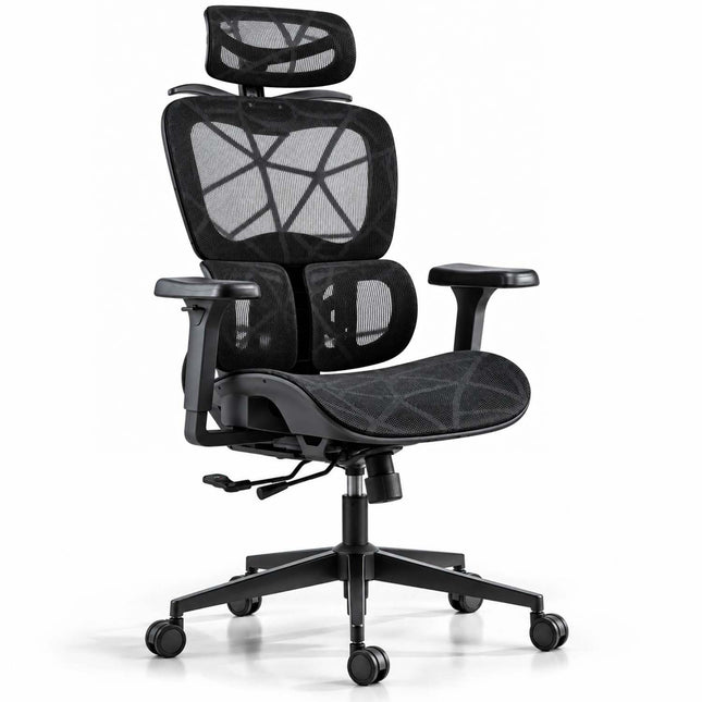 Ergonomisk kontorstol med mesh, 2D-nakkestøtte og 4D-armlæn – sort, op til 120 kg