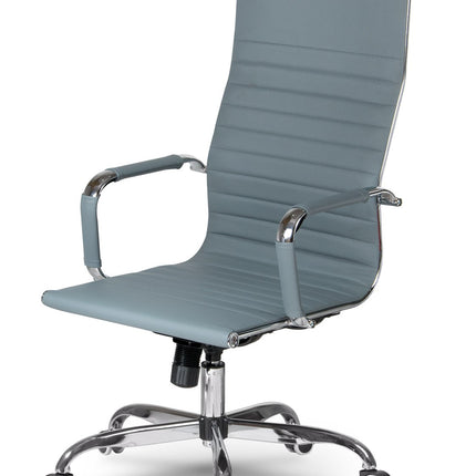 Moderne grå kontorstol med ergonomisk design og vippefunktion til hjemmekontoret