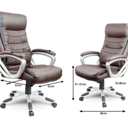Komfortabel højrygget læder kontorstol i brun med ergonomisk design og justerbar sædehøjde