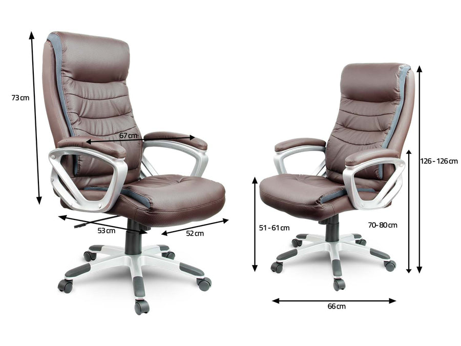 Komfortabel højrygget læder kontorstol i brun med ergonomisk design og justerbar sædehøjde