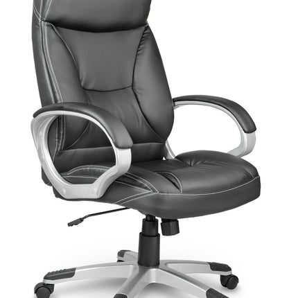 Komfortabel og moderne kontorstol i sort øko-læder med ergonomisk design og vippefunktion til hjemmekontoret