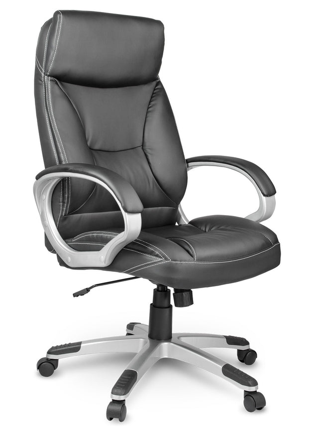 Komfortabel og moderne kontorstol i sort øko-læder med ergonomisk design og vippefunktion til hjemmekontoret