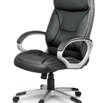 Komfortabel og moderne kontorstol i sort øko-læder med ergonomisk design og vippefunktion til hjemmekontoret