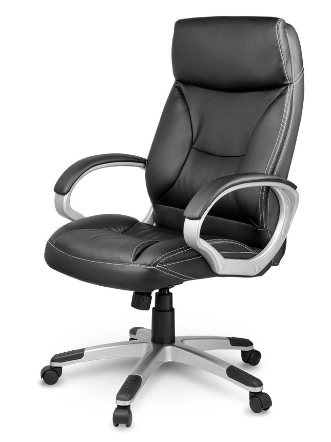 Komfortabel og moderne kontorstol i sort øko-læder med ergonomisk design og vippefunktion til hjemmekontoret