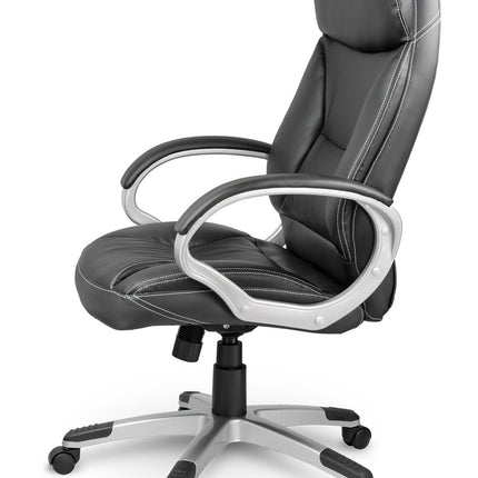 Komfortabel og moderne kontorstol i sort øko-læder med ergonomisk design og vippefunktion til hjemmekontoret