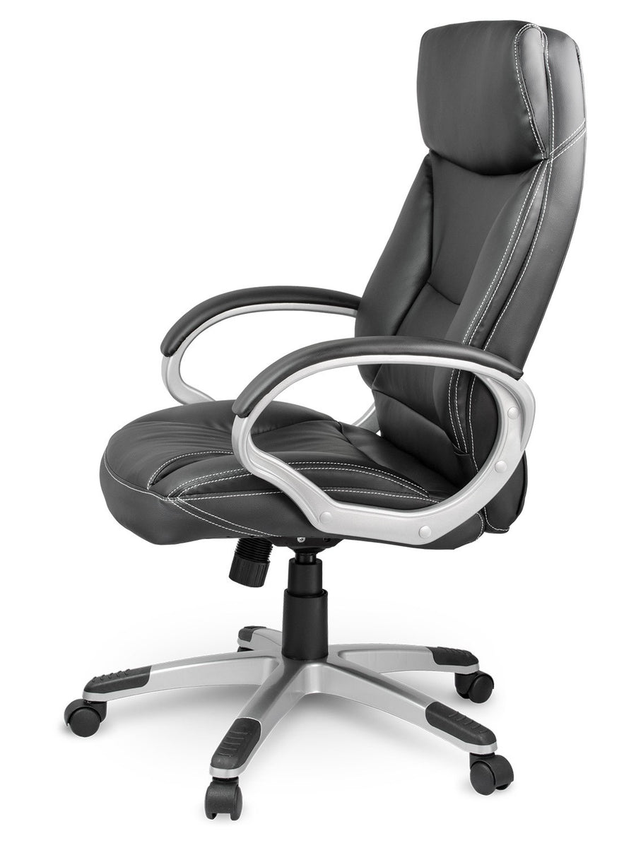 Komfortabel og moderne kontorstol i sort øko-læder med ergonomisk design og vippefunktion til hjemmekontoret