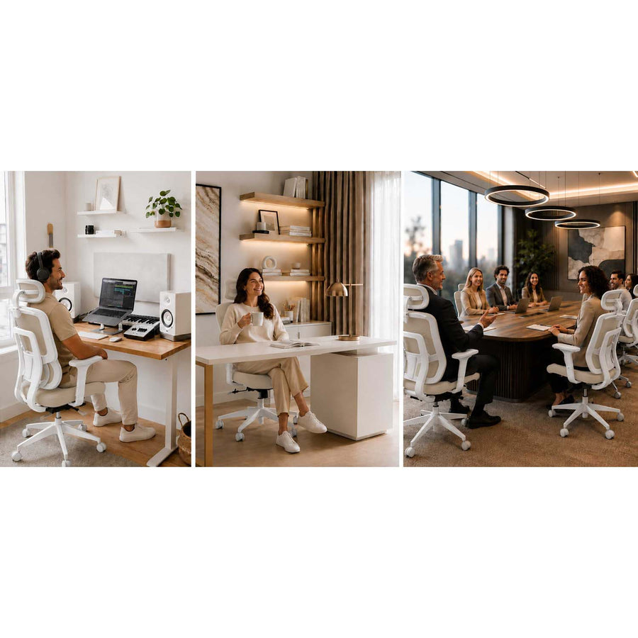 Ergonomisk kontorstol med mesh-ryglæn, justerbar nakkestøtte og 360°-armlæn – beige