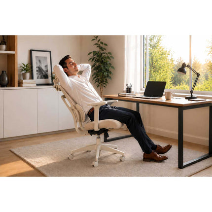 Ergonomisk kontorstol med mesh-ryglæn, justerbar nakkestøtte og 360°-armlæn – beige