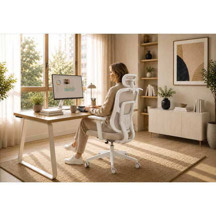 Ergonomisk kontorstol med mesh-ryglæn, justerbar nakkestøtte og 360°-armlæn – beige