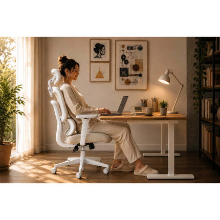 Ergonomisk kontorstol med mesh-ryglæn, justerbar nakkestøtte og 360°-armlæn – beige