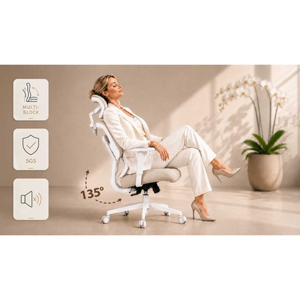 Ergonomisk kontorstol med mesh-ryglæn, justerbar nakkestøtte og 360°-armlæn – beige