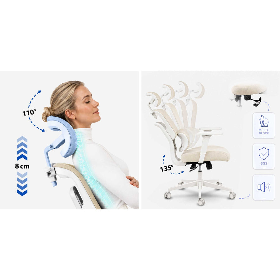 Ergonomisk kontorstol med mesh-ryglæn, justerbar nakkestøtte og 360°-armlæn – beige