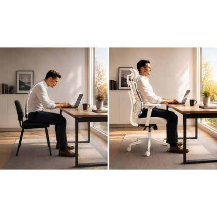 Ergonomisk kontorstol med mesh-ryglæn, justerbar nakkestøtte og 360°-armlæn – beige