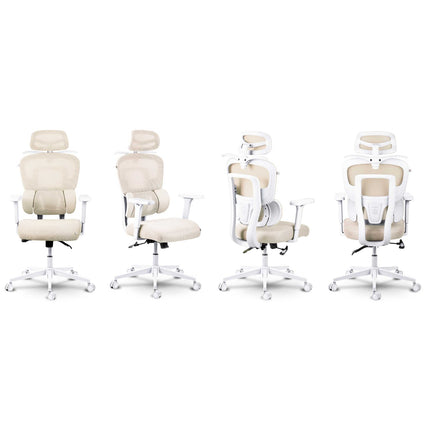 Ergonomisk kontorstol med mesh-ryglæn, justerbar nakkestøtte og 360°-armlæn – beige