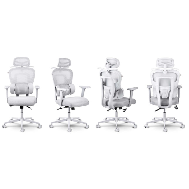 Ergonomisk kontorstol med mesh-ryglæn, justerbar nakkestøtte og 360°-armlæn – grå