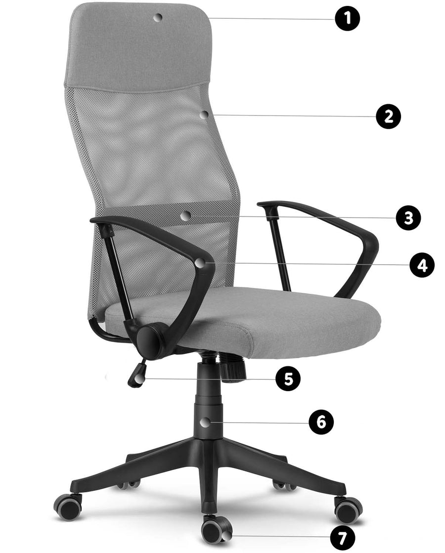 Ergonomisk kontorstol i mikromesh med nakkestøtte – lysegrå