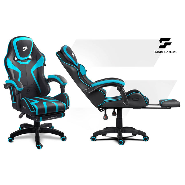 Gamingstol med bucket-sæde, udtrækkelig fodstøtte og vippefunktion, sædehøjde 42–52 cm – sort/blå