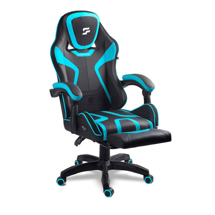 Gamingstol med bucket-sæde, udtrækkelig fodstøtte og vippefunktion, sædehøjde 42–52 cm – sort/blå