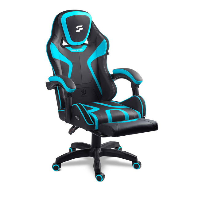 Gamingstol med bucket-sæde, udtrækkelig fodstøtte og vippefunktion, sædehøjde 42–52 cm – sort/blå