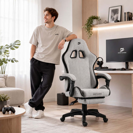Gamingstol med bucket-sæde, udtrækkelig fodstøtte og vippefunktion, sædehøjde 36–46 cm – grå