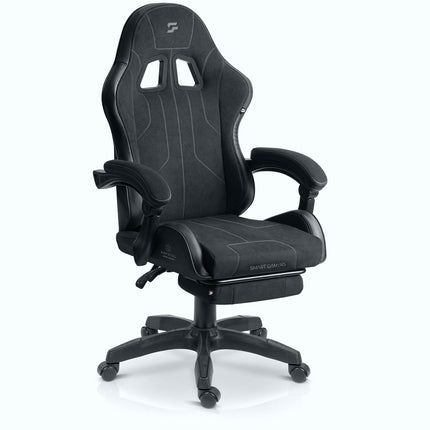 Gamingstol med bucket-sæde, udtrækkelig fodstøtte og vippefunktion, sædehøjde 36–46 cm – sort