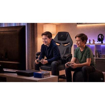 Gamingstol med bucket-sæde, lændepude, gyngefunktion og højdejustering – sort