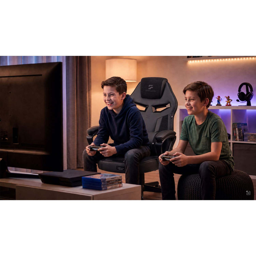 Gamingstol med bucket-sæde, lændepude, gyngefunktion og højdejustering – sort