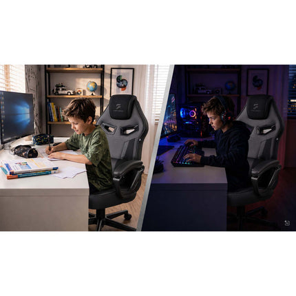 Gamingstol med bucket-sæde, lændepude, gyngefunktion og højdejustering – sort
