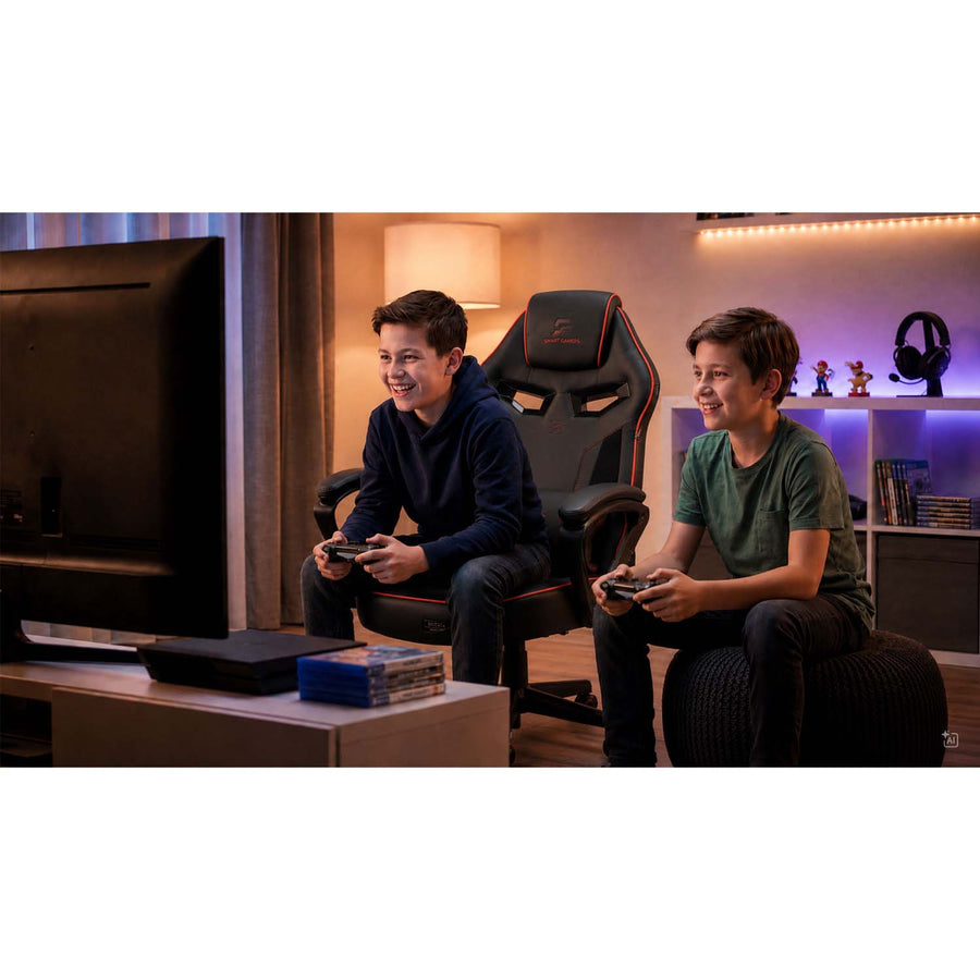 Gamingstol med bucket-sæde, lændepude, gyngefunktion og højdejustering