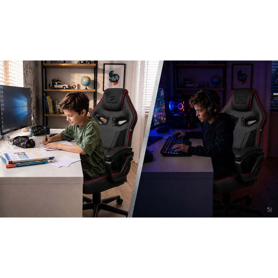 Gamingstol med bucket-sæde, lændepude, gyngefunktion og højdejustering