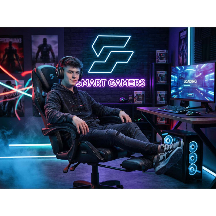 Gamingstol med bucket-sæde, udtrækkelig fodstøtte og vippefunktion op til 140°
