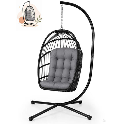 Hængestol med stel til have og terrasse, kurv 108 × 73 cm, 17 cm hynde, op til 140 kg – sort kurv, grå hynde