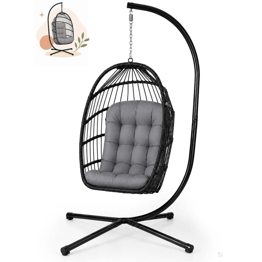 Hængestol med stel til have og terrasse, kurv 108 × 73 cm, 17 cm hynde, op til 140 kg – sort kurv, grå hynde