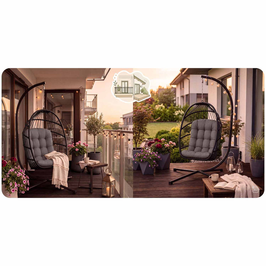 Hængestol med stel til have og terrasse, kurv 108 × 73 cm, 17 cm hynde, op til 140 kg – sort kurv, grå hynde